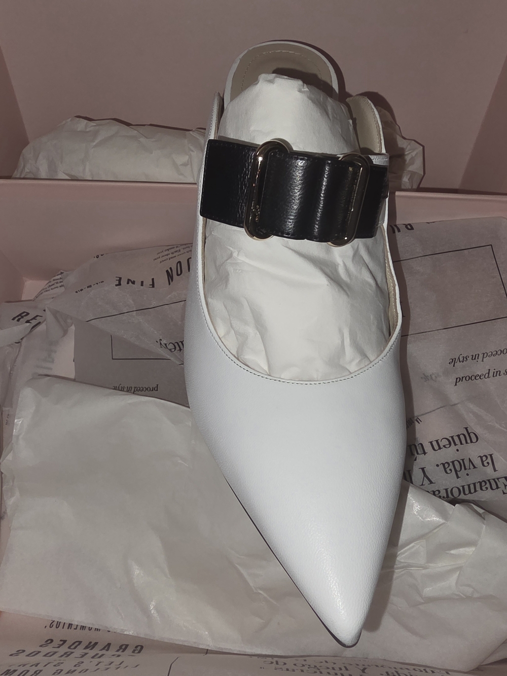 White Pointed Leather Slingback Mule with Black Buckle Strap